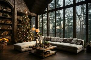 living room interior with Christmas decorations, natural light AI generated photo