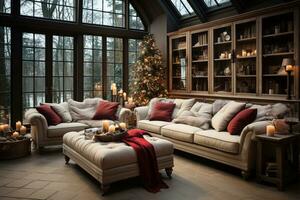 living room interior with Christmas decorations, natural light AI generated photo