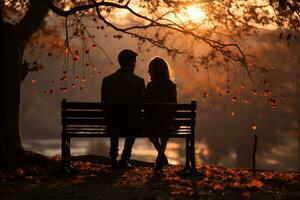 Lovers sitting in a bench at a park, romance vibes AI generated photo