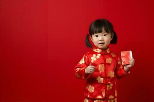 Kids celebrating Chinese New Year on a red background, copy space AI Generated photo