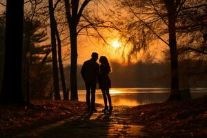 amantes caminando a un parque, romance vibraciones ai generado foto