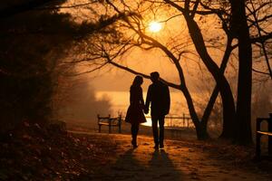 amantes caminando a un parque, romance vibraciones ai generado foto