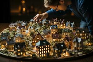 Hobbyist preparing a miniature of a mini village diorama AI Generated photo