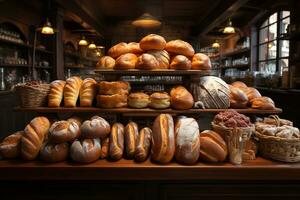 varios tipo de panes en estantes, panadería tienda concepto ai generado foto