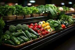 variedades tipo de vegetales en estantería a supermercado ai generado foto