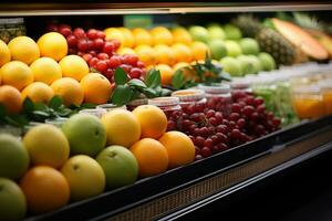 filas de frutas en estantes, supermercado concepto ai generado foto