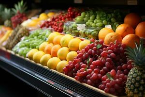 filas de frutas en estantes, supermercado concepto ai generado foto