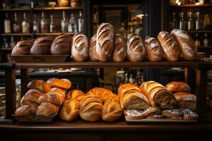 varios tipo de panes en estantes, panadería tienda concepto ai generado foto