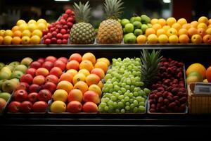 filas de frutas en estantes, supermercado concepto ai generado foto