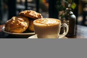 Scones served with coffee on wooden table, blurred cafe background AI generated photo