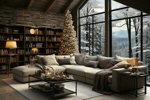 living room interior with Christmas decorations, natural light AI generated photo