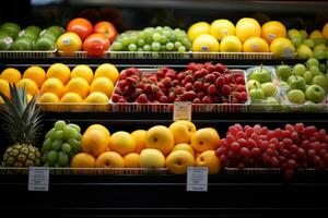 rows of fruits on shelves, supermarket concept AI generated photo