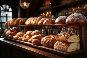 various type of breads on shelves, bakery shop concept AI generated photo