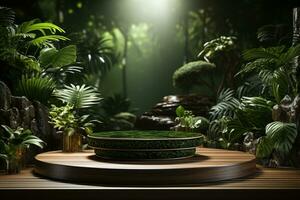 natural wooden product background stage or podium pedestal on grunge street floor with glow spotlight and blank display platform. 3D rendering. AI generated photo