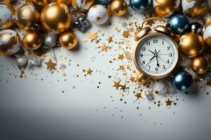 A Clock, stars and Balloon decoration for New Year celebration. Elegant design for New Year greeting card. Copy space, place for text. AI generated photo