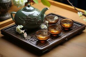 conjunto de chino té Listo a ser servido durante festivos ai generado foto