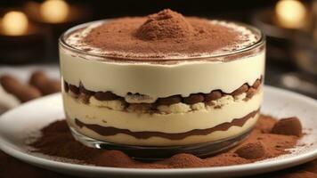 A close-up shot of a freshly prepared tiramisu, focusing on the layers of coffee-soaked ladyfingers AI Generative photo
