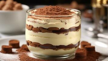 A close-up shot of a freshly prepared tiramisu, focusing on the layers of coffee-soaked ladyfingers AI Generative photo