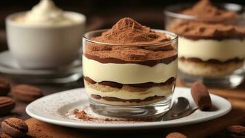 A close-up shot of a freshly prepared tiramisu, focusing on the layers of coffee-soaked ladyfingers AI Generative photo