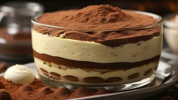 A close-up shot of a freshly prepared tiramisu, focusing on the layers of coffee-soaked ladyfingers AI Generative photo