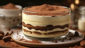 A close-up shot of a freshly prepared tiramisu, focusing on the layers of coffee-soaked ladyfingers AI Generative photo