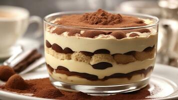 A close-up shot of a freshly prepared tiramisu, focusing on the layers of coffee-soaked ladyfingers AI Generative photo