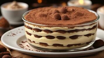 A close-up shot of a freshly prepared tiramisu, focusing on the layers of coffee-soaked ladyfingers AI Generative photo