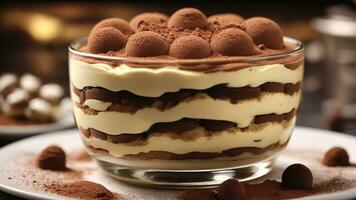 A close-up shot of a freshly prepared tiramisu, focusing on the layers of coffee-soaked ladyfingers AI Generative photo