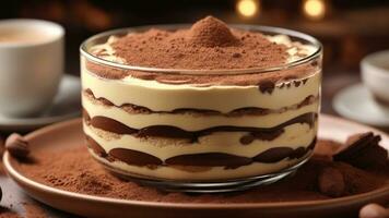 A close-up shot of a freshly prepared tiramisu, focusing on the layers of coffee-soaked ladyfingers AI Generative photo