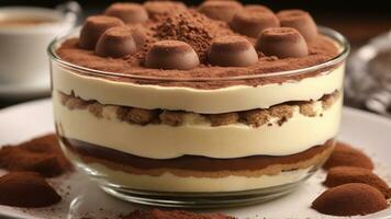 A close-up shot of a freshly prepared tiramisu, focusing on the layers of coffee-soaked ladyfingers AI Generative photo