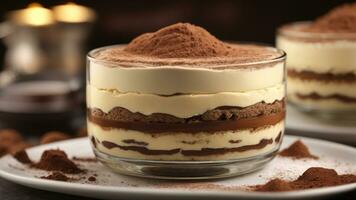 A close-up shot of a freshly prepared tiramisu, focusing on the layers of coffee-soaked ladyfingers AI Generative photo