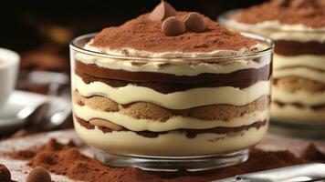 A close-up shot of a freshly prepared tiramisu, focusing on the layers of coffee-soaked ladyfingers AI Generative photo