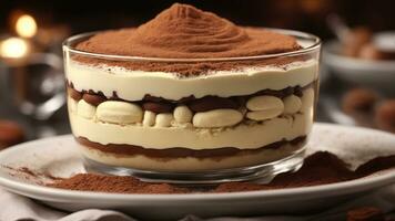 A close-up shot of a freshly prepared tiramisu, focusing on the layers of coffee-soaked ladyfingers AI Generative photo