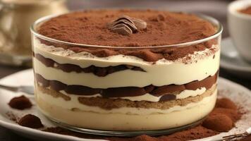 A close-up shot of a freshly prepared tiramisu, focusing on the layers of coffee-soaked ladyfingers AI Generative photo