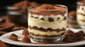 A close-up shot of a freshly prepared tiramisu, focusing on the layers of coffee-soaked ladyfingers AI Generative photo