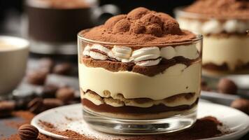 A close-up shot of a freshly prepared tiramisu, focusing on the layers of coffee-soaked ladyfingers AI Generative photo