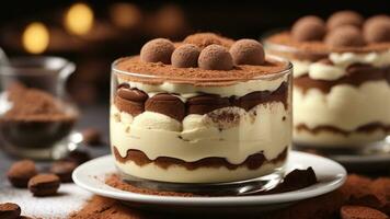 A close-up shot of a freshly prepared tiramisu, focusing on the layers of coffee-soaked ladyfingers AI Generative photo