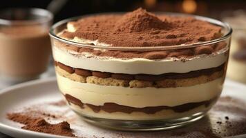 A close-up shot of a freshly prepared tiramisu, focusing on the layers of coffee-soaked ladyfingers AI Generative photo