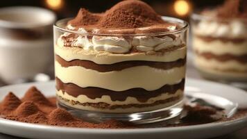 A close-up shot of a freshly prepared tiramisu, focusing on the layers of coffee-soaked ladyfingers AI Generative photo