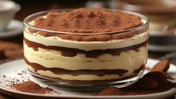 A close-up shot of a freshly prepared tiramisu, focusing on the layers of coffee-soaked ladyfingers AI Generative photo