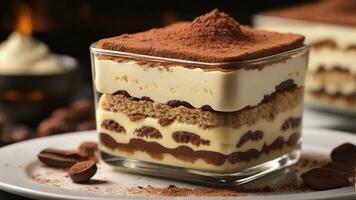 A close-up shot of a freshly prepared tiramisu, focusing on the layers of coffee-soaked ladyfingers AI Generative photo