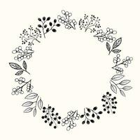 Botanical monochrome frame with leaves and berries for invitations, posters and wedding. Vector floral wreath