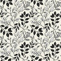 Monochrome floral background. Seamless pattern with leaves and berries. Hand drawn botanical wallpaper vector