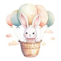Watercolor bunny in a hot air balloon. Wall sticker with hand drawn rabbit and air ballon. Clip art image. vector