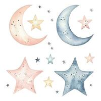 Set of watercolor vector stars and moon. Fantasy pastel color. Delicate, magic decoration. Isolated on white.