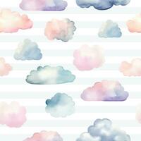 Seamless colorful clouds pattern. Watercolor clouds vector background in pastel colors