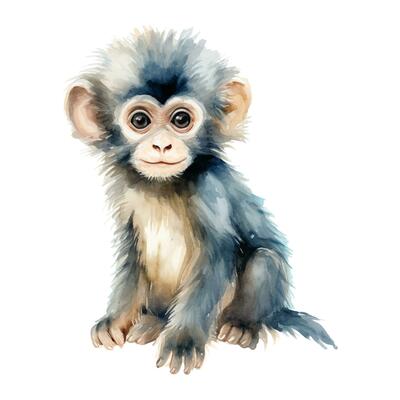 Watercolor monkey. Vector illustration with hand drawn cute marmoset. Clip art image.