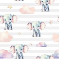 Seamless cute elephant animal pattern. Watercolor elephant vector background in pastel colors