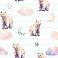 Seamless cute bear animal pattern. Watercolor bear vector background in pastel colors