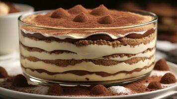 A close-up shot of a freshly prepared tiramisu, focusing on the layers of coffee-soaked ladyfingers AI Generative photo